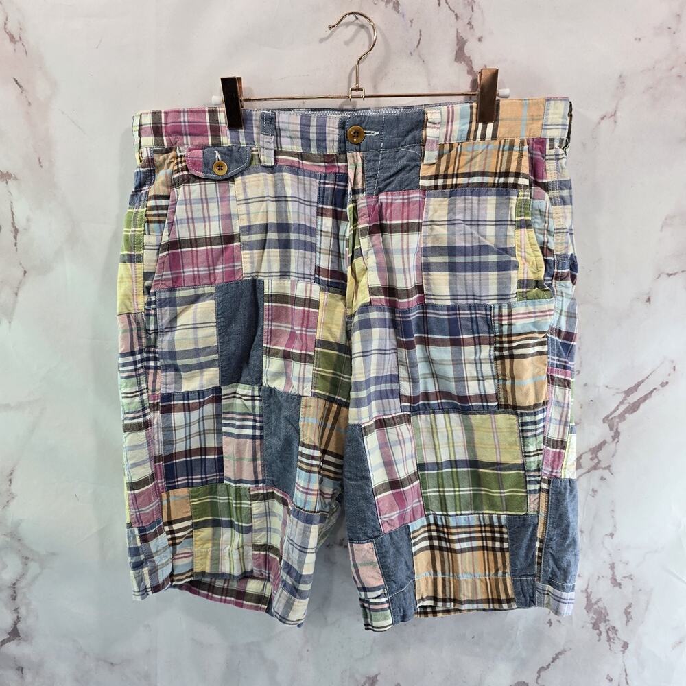 J Crew Shorts Mens 35 Blue Pink Patchwork Plaid 11 Inch Cargo Vintage 90s Y2K